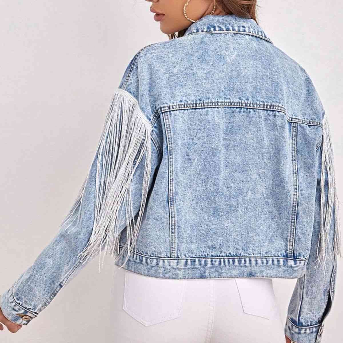 Fringe Detail Collared Neck Long Sleeve Denim Jacket   