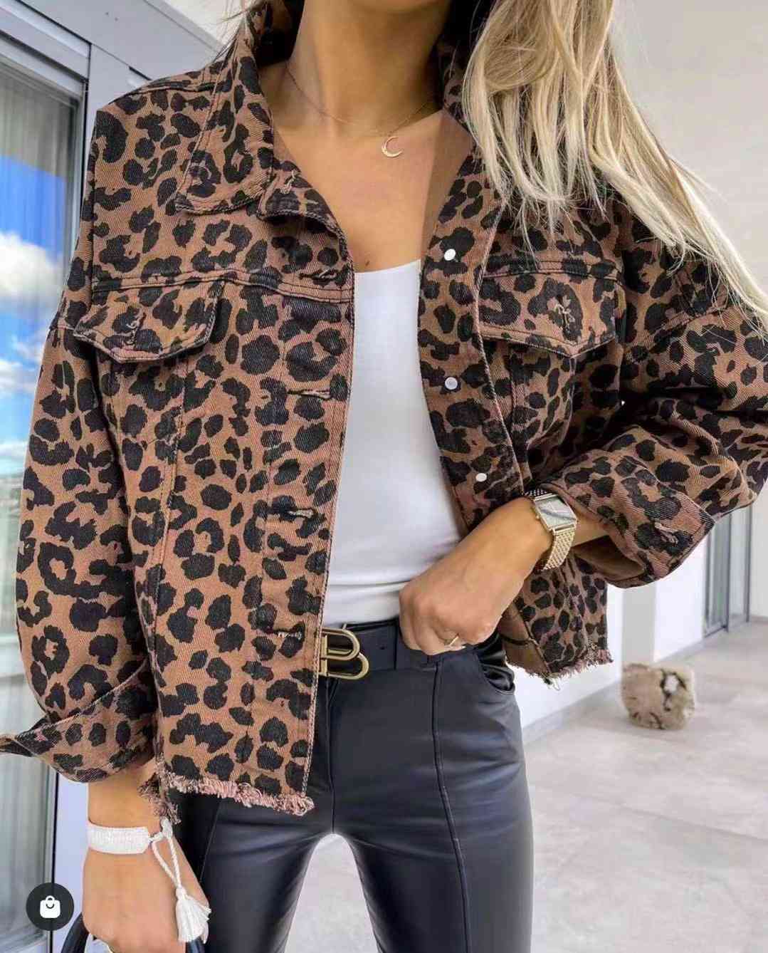 Leopard Raw Hem Denim Jacket Leopard S 