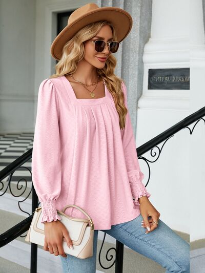 Ruched Square Neck Lantern Sleeve Blouse   