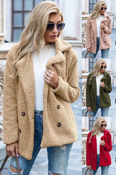 Full Size Lapel Collar Sherpa Coat Khaki S 