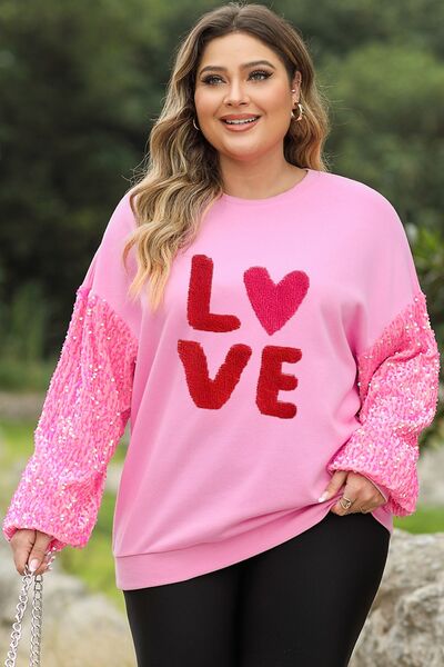 Plus Size LOVE Sequin Round Neck Sweatshirt Carnation Pink 1XL 