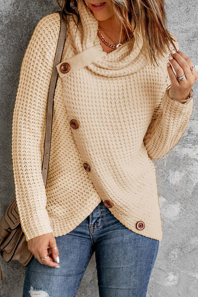 Decorative Button Mock Neck Sweater Cream S 