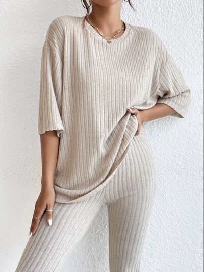 Ribbed Round Neck T-Shirt and Pants Lounge Set   