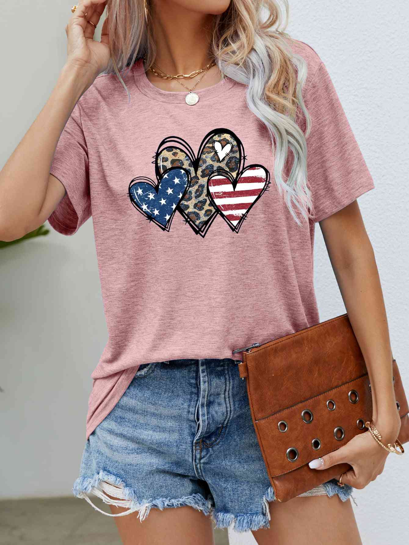 US Flag Leopard Heart Graphic Tee Blush Pink S 