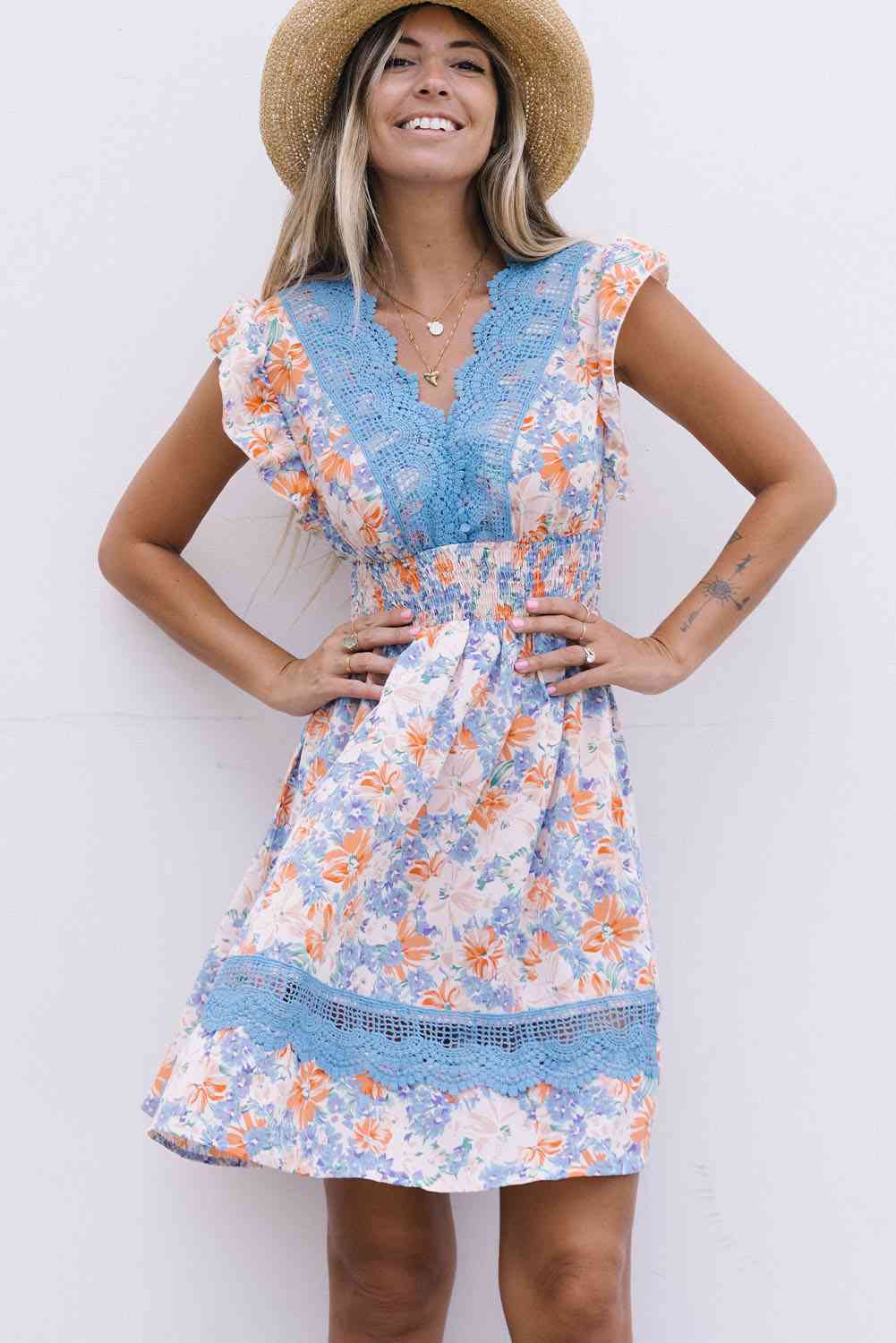 Floral Smocked Waist Spliced Lace Dress   