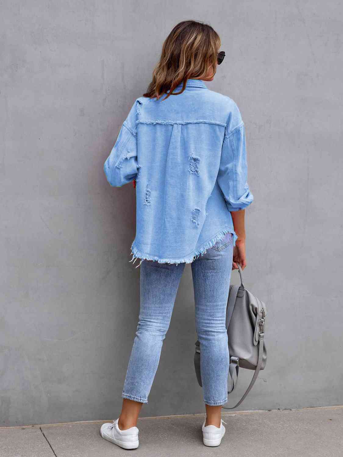 Distressed Drop Shoulder Denim Jacket   