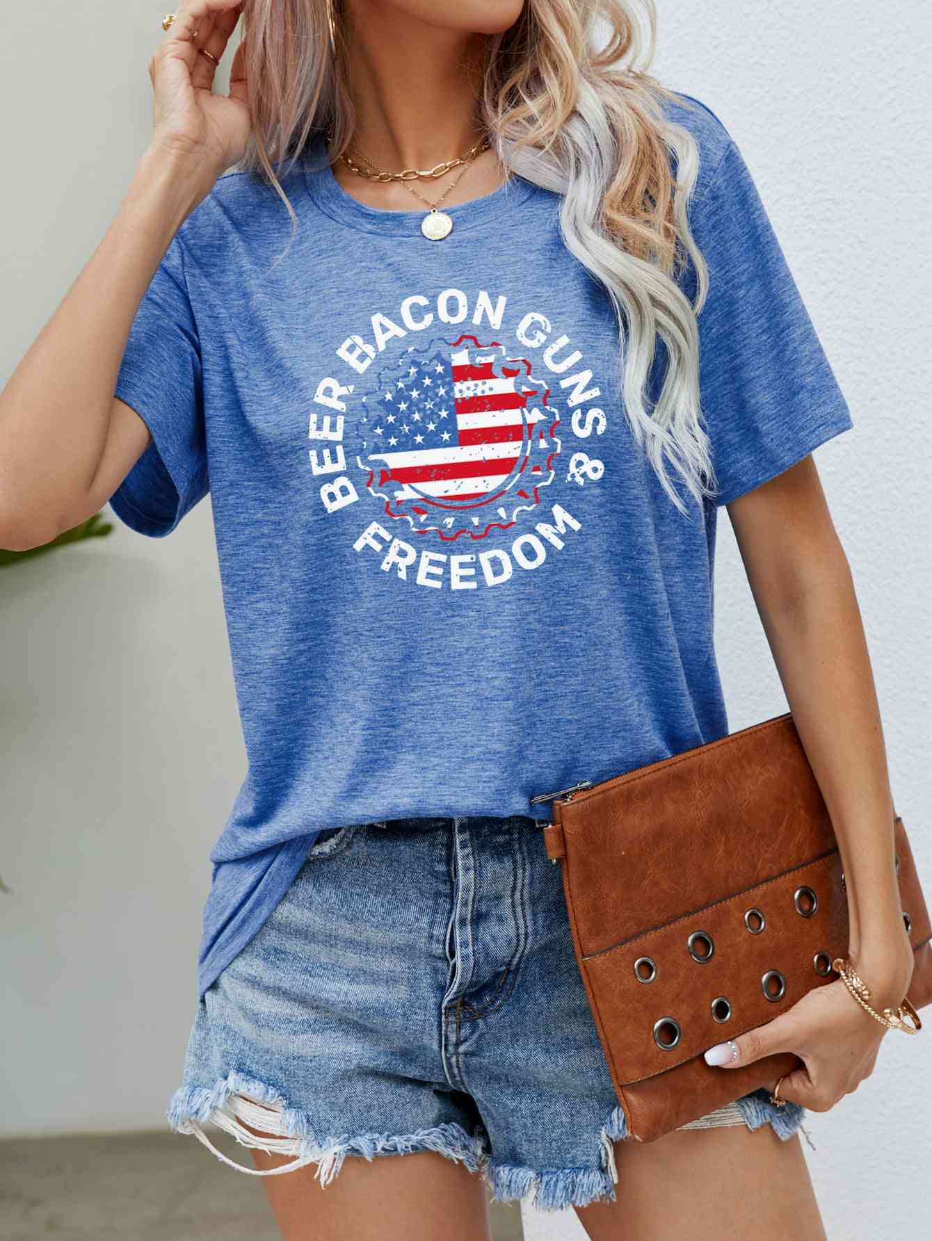 BEER BACON GUNS & FREEDOM US Flag Graphic Tee Cobalt Blue S 