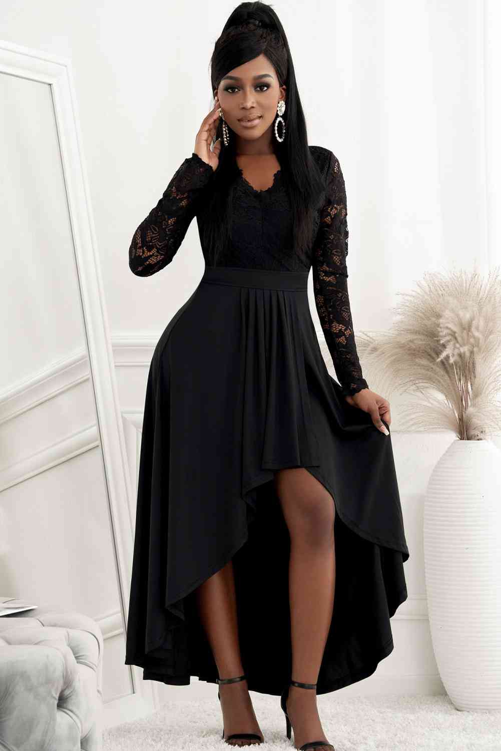 Lace High-Low V-Neck Dress Black S 
