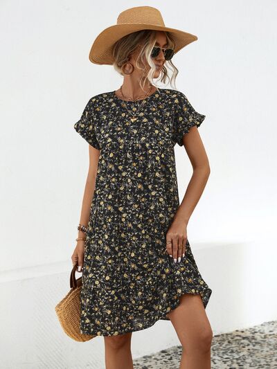 Frill Floral Round Neck Short Sleeve Tiered Dress Black S 