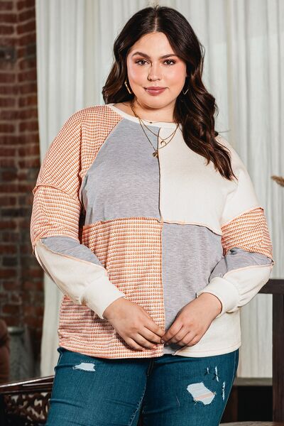 Plus Size Exposed Seam Color Block Round Neck Sweatshirt Peach 1X 