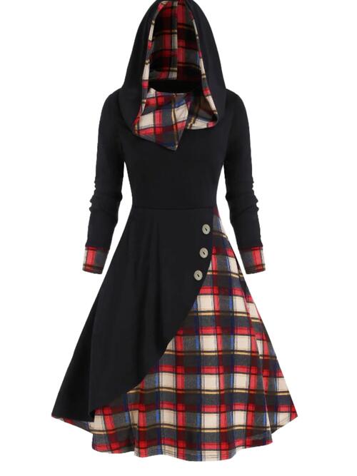 Plus Size Plaid Buttoned Long Sleeve Hooded Dress Black 1XL 