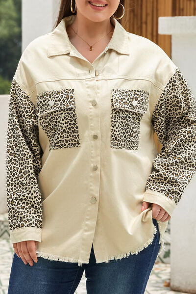Plus Size Leopard Button Up Raw Hem Denim Jacket Ivory 1XL 
