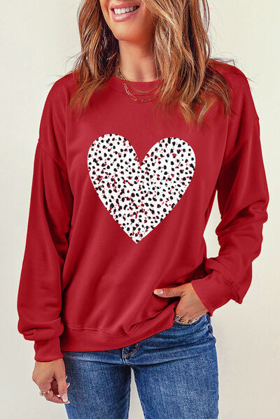 Heart Round Neck Dropped Shoulder Sweatshirt   