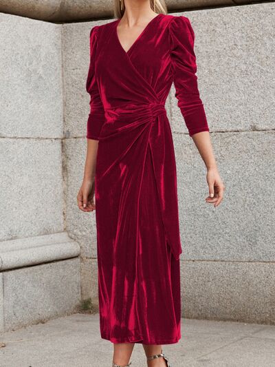 Surplice Puff Sleeve Midi Dress   