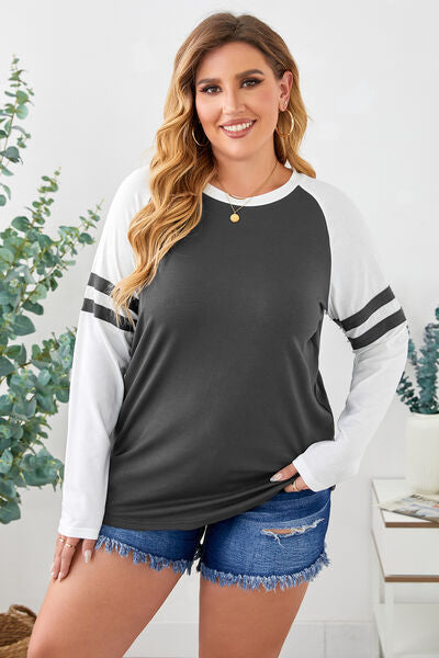 Plus Size Striped Raglan Sleeve T-Shirt Charcoal 3XL 