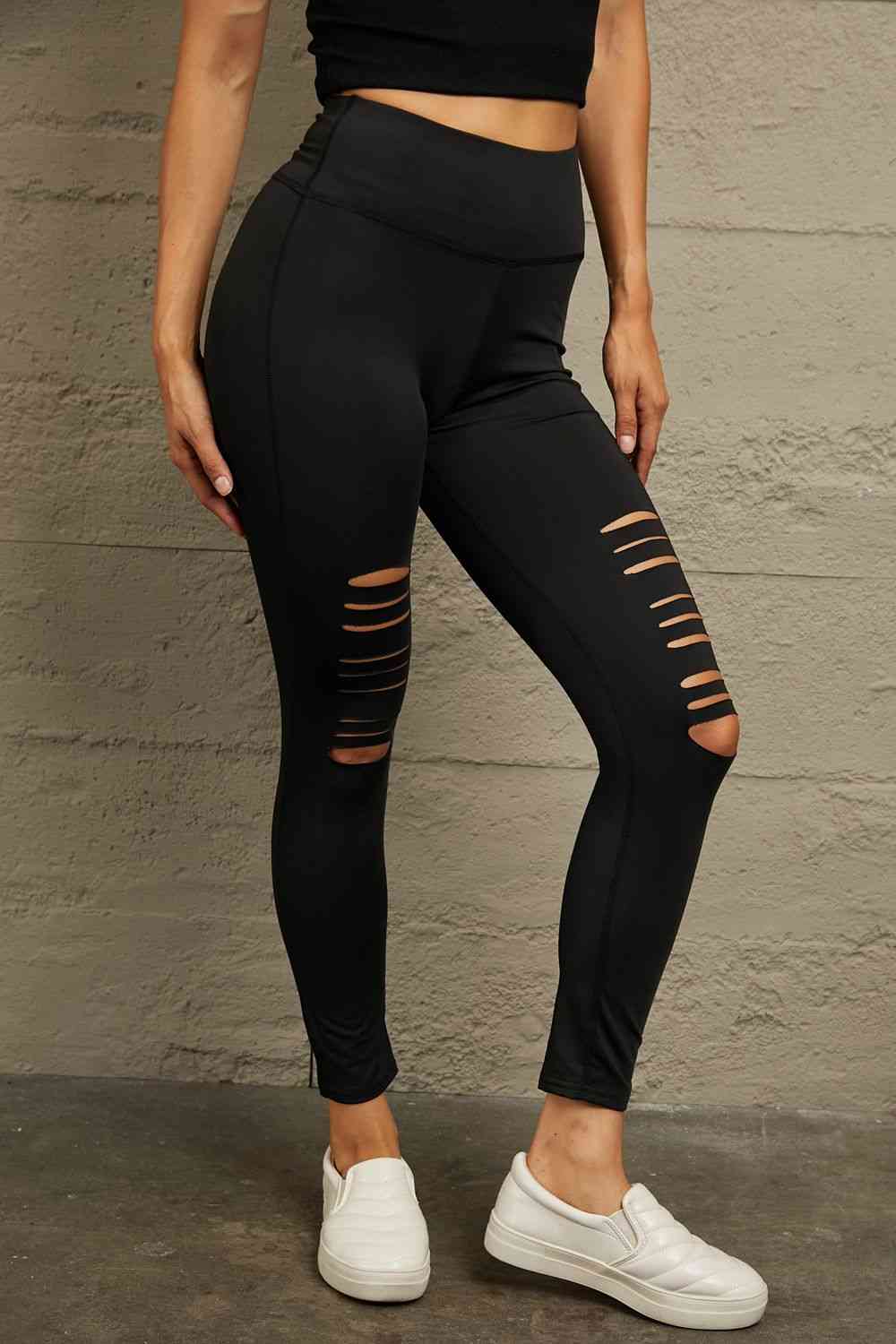 Double Take Wide Waistband Distressed Slim Fit Leggings   