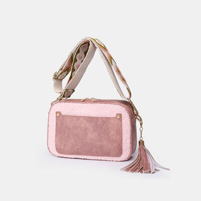 Fuzzy Tassel PU Leather Crossbody Bag Blush Pink One Size 