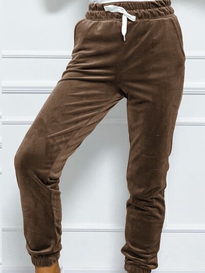 Wide Waistband Drawstring Cropped Joggers Chocolate S 