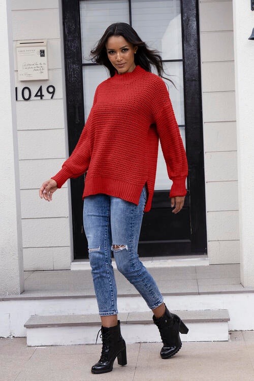 Round Neck Slit Sweater Deep Red S 