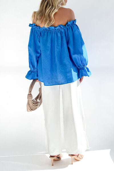 Drawstring Off-Shoulder Flounce Sleeve Blouse   