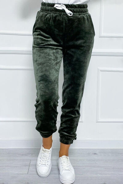 Wide Waistband Drawstring Cropped Joggers Green S 