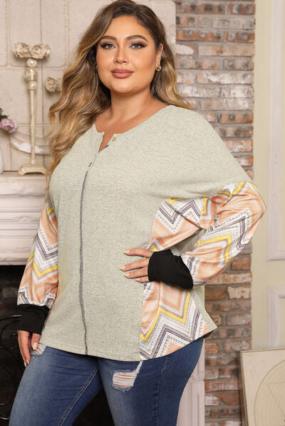 Plus Size Exposed Seam Print Long Sleeve T-Shirt   