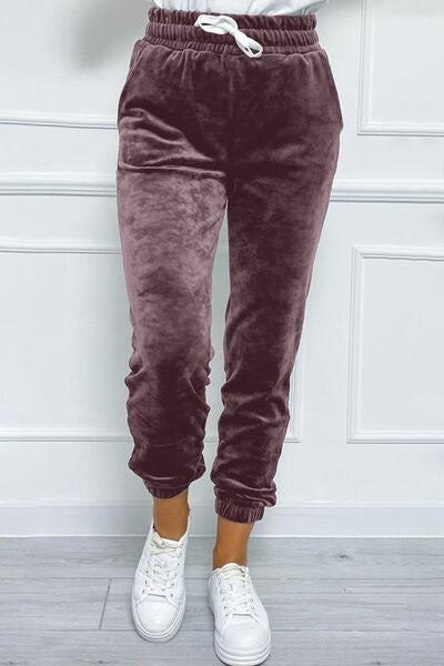 Wide Waistband Drawstring Cropped Joggers Dusty Purple S 