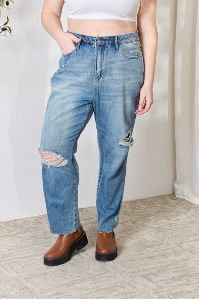 Judy Blue Full Size Distressed Raw Hem Straight Jeans   