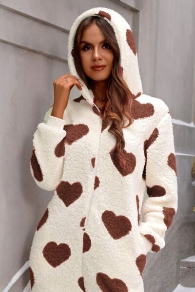 Fuzzy Heart Zip Up Hooded Lounge Jumpsuit   