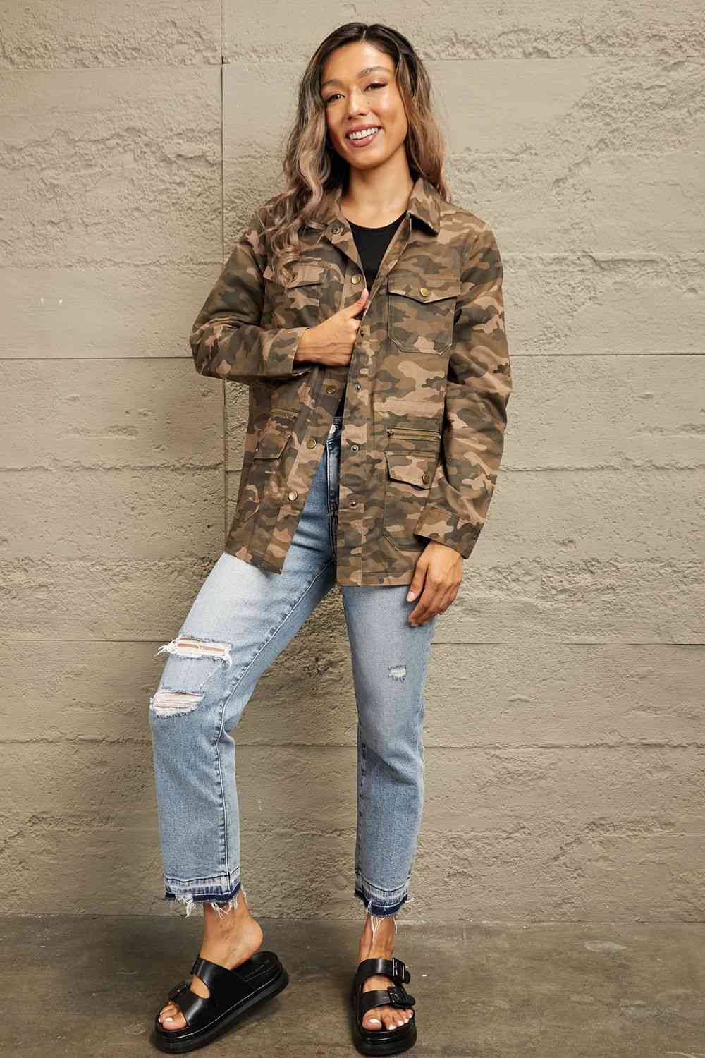Double Take Camouflage Snap Down Jacket   