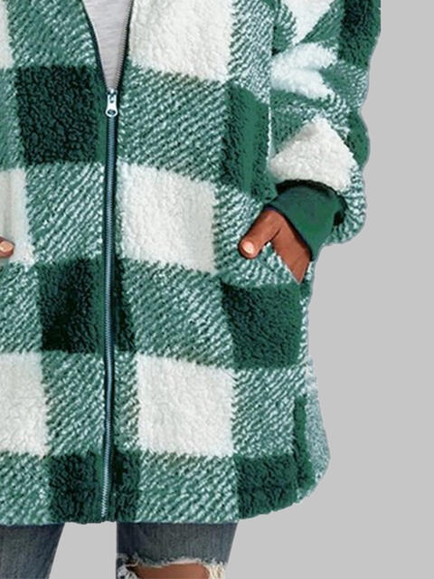 Plaid Zip-Up Hooded Jacket with Pockets   