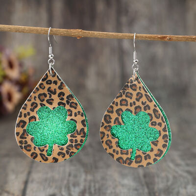 St. Patrick's Day Leopard Hollowed Leather Teardrop Earrings Mid Green One Size 