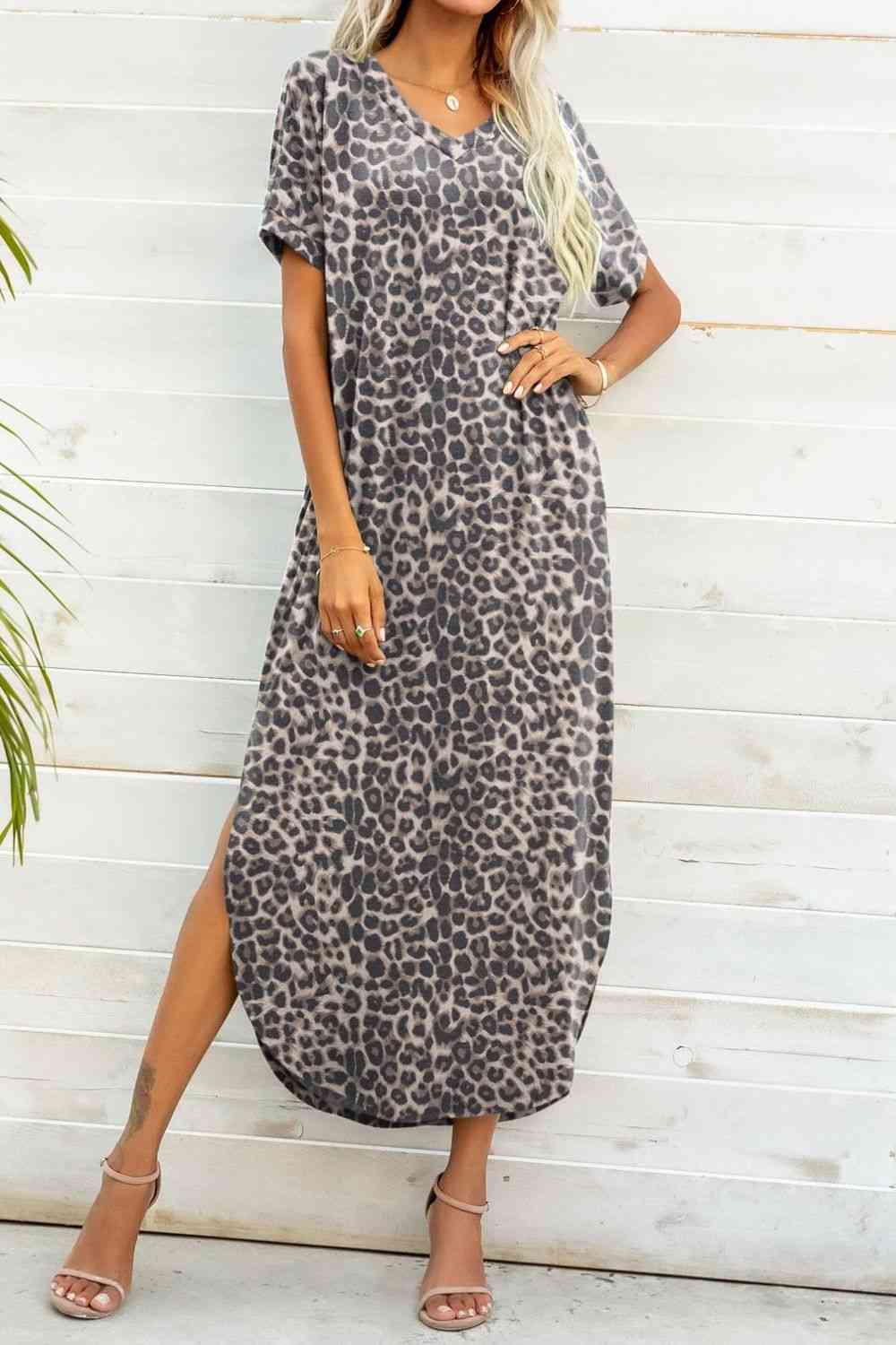 Printed V-Neck Curved Hem Dress   