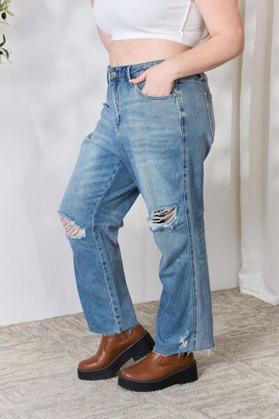 Judy Blue Full Size Distressed Raw Hem Straight Jeans   