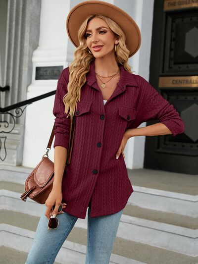 Textured Button Up Dropped Shoulder Shirt Wine S 