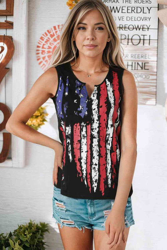 Star and Stripe Notched Neck Tank Black S 