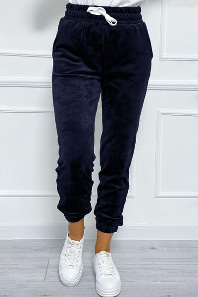 Wide Waistband Drawstring Cropped Joggers Cobald Blue S 