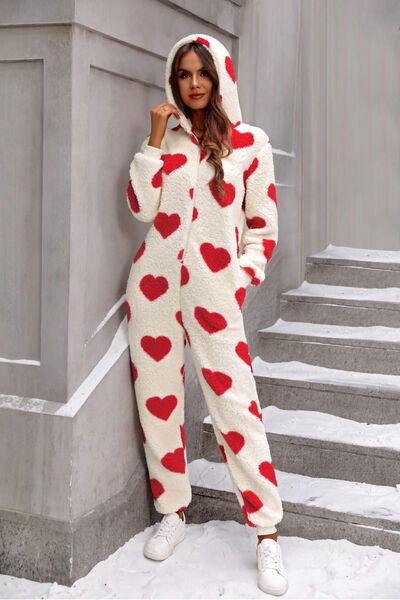 Fuzzy Heart Zip Up Hooded Lounge Jumpsuit Deep Red S 