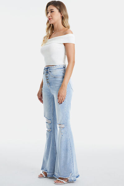 BAYEAS Full Size Distressed Raw Hem High Waist Flare Jeans   