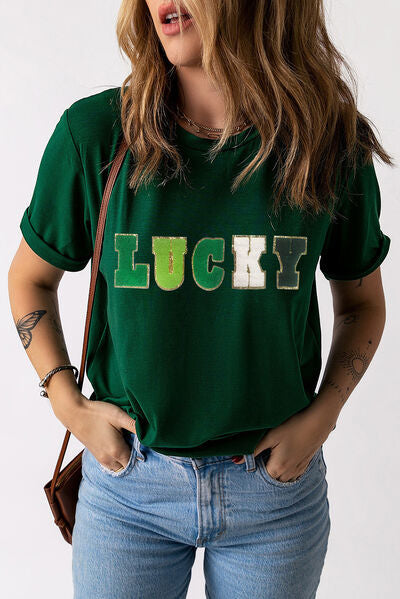 St. Patrick's Day LUCKY Round Neck Short Sleeve T-Shirt Green S 