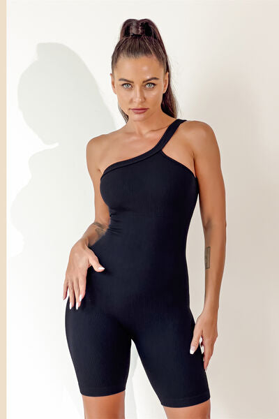 Asymmetrical Neck Wide Strap Active Romper Black S 