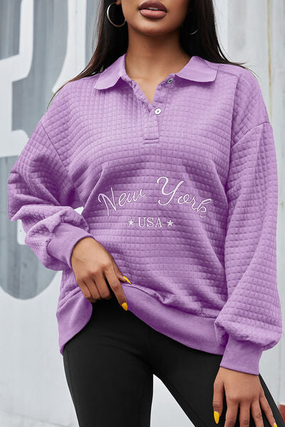 NEW YORK USA Quarter Button Dropped Shoulder Sweatshirt Lavender XS 