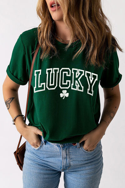 St. Patrick's Day LUCKY Round Neck Short Sleeve T-Shirt Green S 