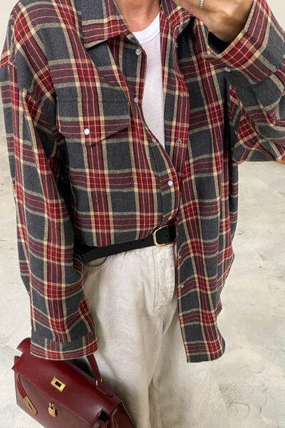 Plaid Snap Down Dropped Shoulder Shirt Wine S 