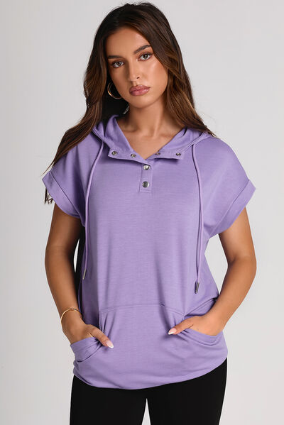 Drawstring Quarter Snap Cap Sleeve Hoodie Lavender S 