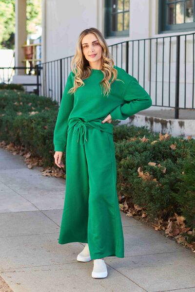 Double Take Full Size Textured Long Sleeve Top and Drawstring Pants Set Mid Green S 