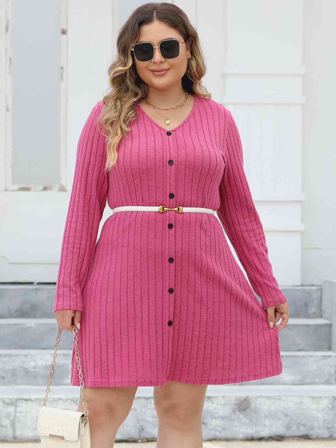 Plus Size Ribbed Buttoned V-Neck Long Sleeve Dress Hot Pink L 
