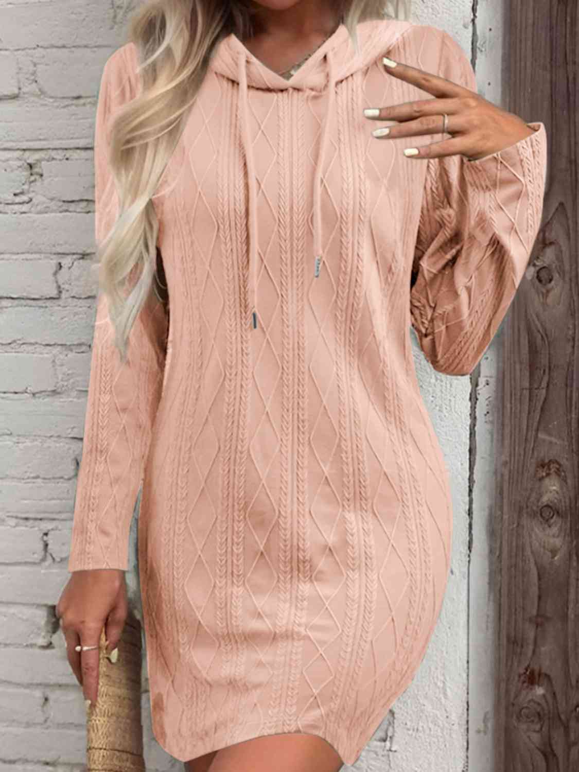 Drawstring Hooded Sweater Dress Dusty Pink S 