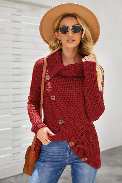 Decorative Button Mock Neck Sweater Deep Red S 
