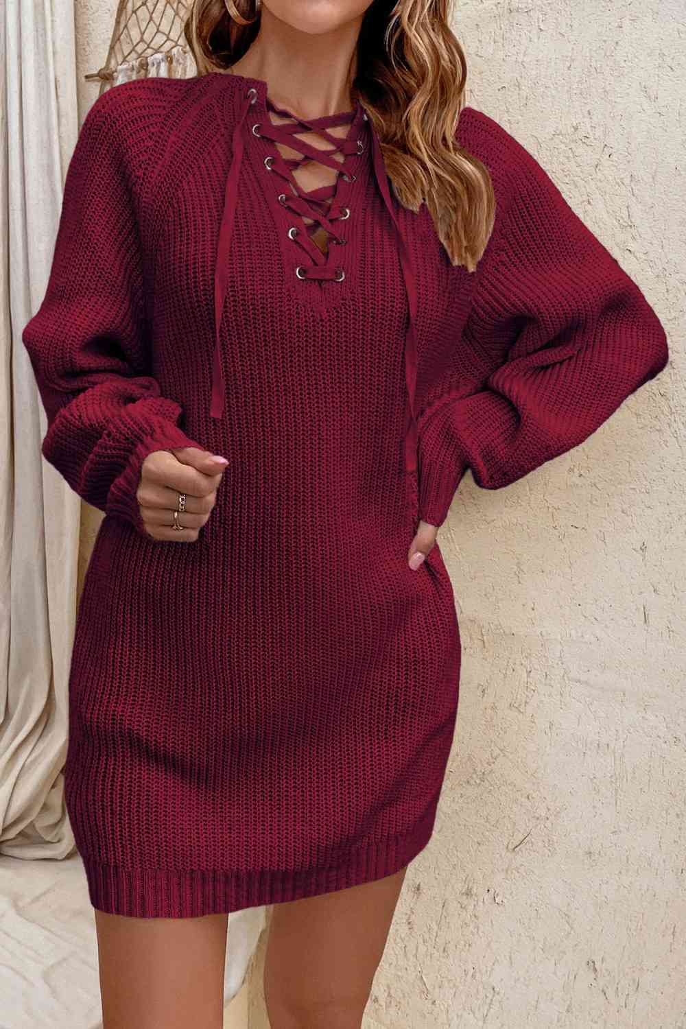Lace-Up Mini Sweater Dress Wine S 